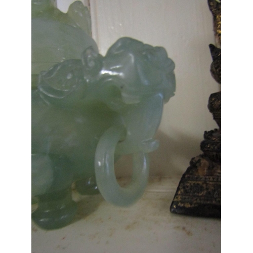 1104 - Carved Jade Temple Sensor with Ringside Carry Handles Approximately 8 Inches High