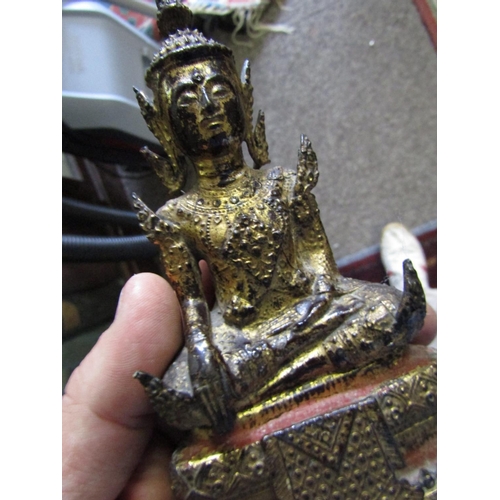 1105 - Gilt Decorated Bronze Sculpture Seated Deity Approximately 8 Inches High