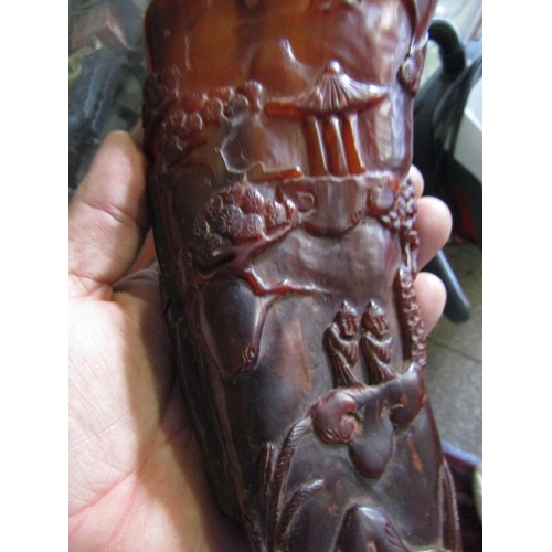 1107 - Carved Horn with Various Incised Emblems Approximately 7 Inches High