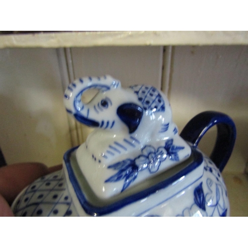 1108 - Elephant Motif Blue and White Porcelain Teapot with Handle Good Original Condition Approximately 6 I... 