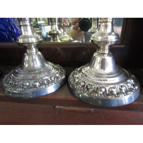 1123 - Pair of Antique Silver Plated Turned Column Candle Sticks Each Approximately 12 Inches High