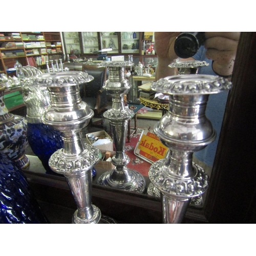 1123 - Pair of Antique Silver Plated Turned Column Candle Sticks Each Approximately 12 Inches High