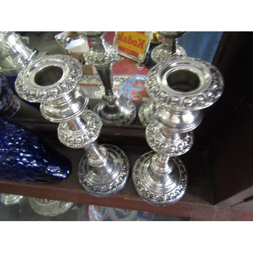 1123 - Pair of Antique Silver Plated Turned Column Candle Sticks Each Approximately 12 Inches High