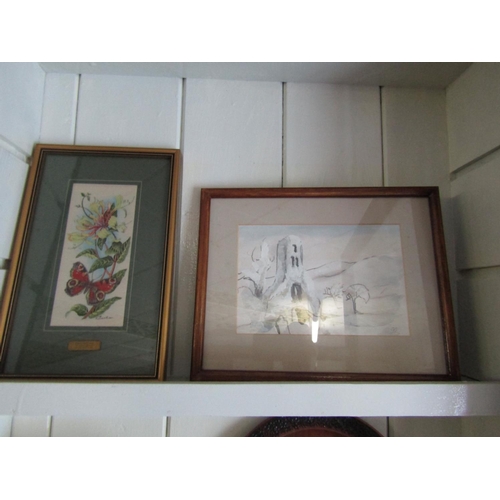 1131 - Two Shelves including Tribal Bowl and Original Watercolour