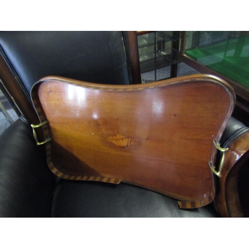 1144 - Antique Mahogany Shaped Form Serving Tray with Brass Side Carry Handles and Central Marquetry Decora... 