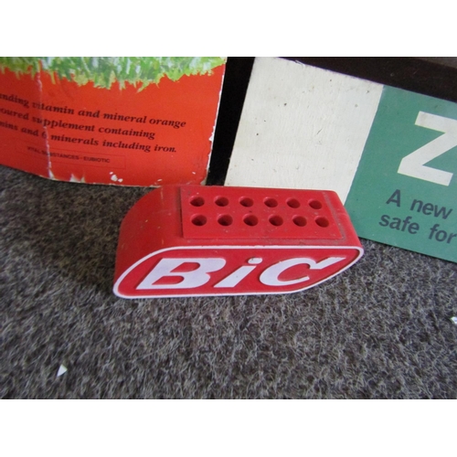 1158 - Three Shop Advertising Signs and Vintage Bic Pen Rest Four Items in Lot Kodak Sign Enamel Decorated