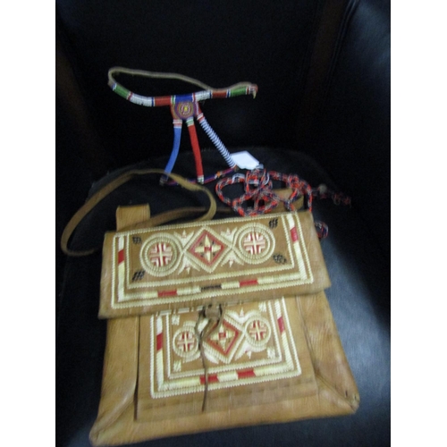 1160 - Old American Indian Bead Work Decorated Leather Medicine Satchel with Beadwork Items Three in Lot