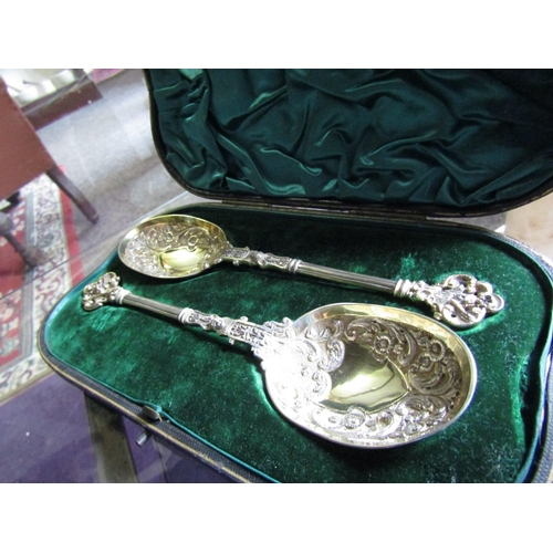 1168 - Pair of Antique Solid Silver Gilt Decorated Spoons with Applied Decoration Contained within Original... 