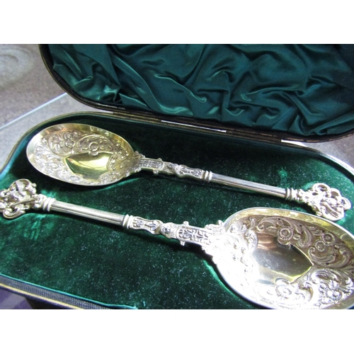 1168 - Pair of Antique Solid Silver Gilt Decorated Spoons with Applied Decoration Contained within Original... 