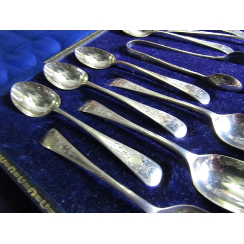 1169 - Set of Twelve Antique Solid Silver Teaspoons with Matching Sugar Tongs contained within Original Pre... 