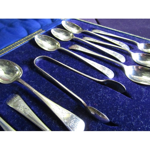 1169 - Set of Twelve Antique Solid Silver Teaspoons with Matching Sugar Tongs contained within Original Pre... 