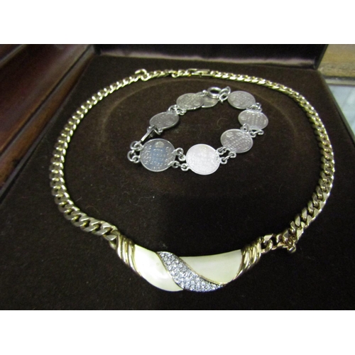 1176 - Vintage Gold Filled Ladies Panel Necklace and Antique Solid Silver Coin Bracelet of Articulated Form