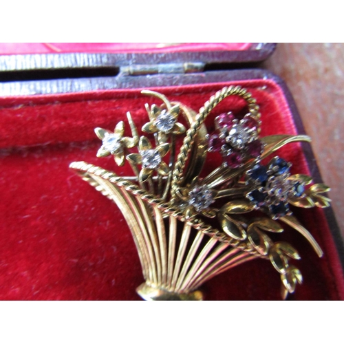 1178 - Antique 18 Carat Gold Flower Basket Motif Ladies Brooch Decorated with Diamond, Ruby and Sapphire Ge... 