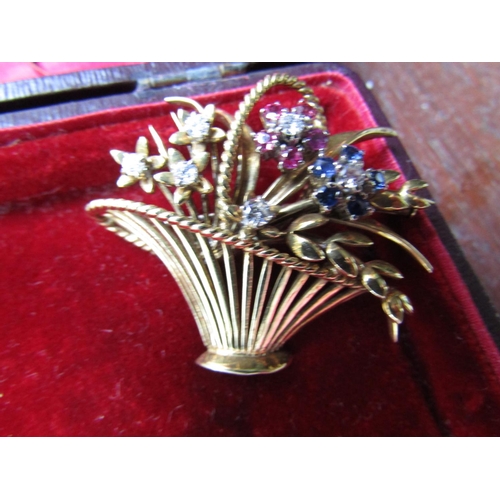 1178 - Antique 18 Carat Gold Flower Basket Motif Ladies Brooch Decorated with Diamond, Ruby and Sapphire Ge... 