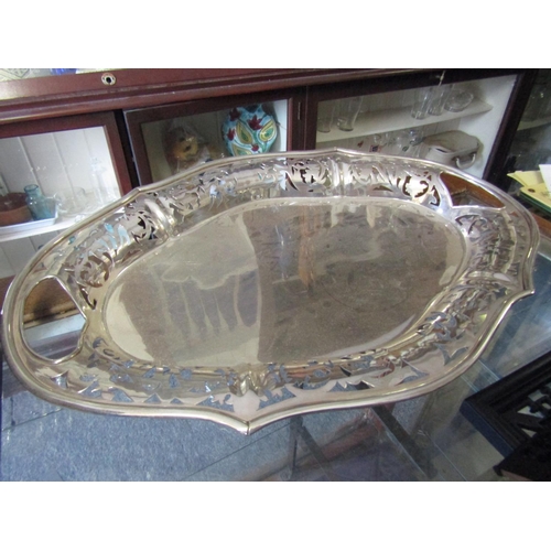 1190 - Large Silver Plated Serving Tray of Shaped Form with Open Fret Decoration Approximately 22 Inches Wi... 