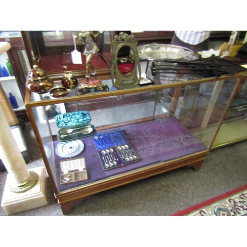 1196 - Antique Mahogany Bound Glazed Shop Counter Approximately 5ft Wide with Sliding Doors Verso