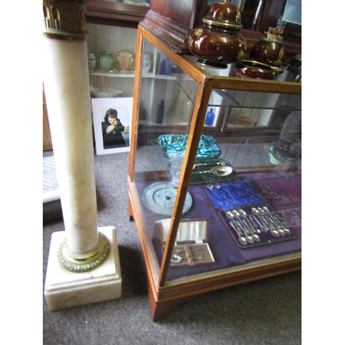 1196 - Antique Mahogany Bound Glazed Shop Counter Approximately 5ft Wide with Sliding Doors Verso