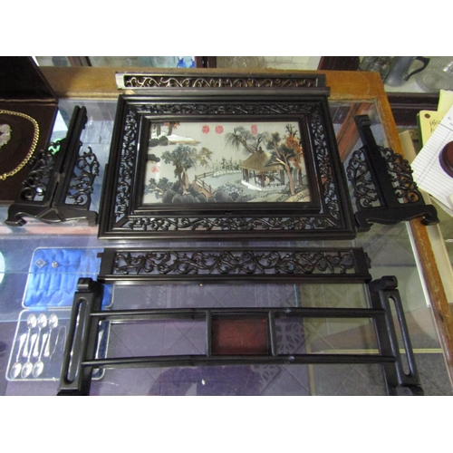 1201 - Chinese Inset Needlework Panel contained within Hardwood Frame on Stand All Parts Present