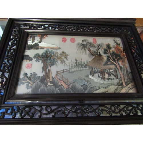 1201 - Chinese Inset Needlework Panel contained within Hardwood Frame on Stand All Parts Present