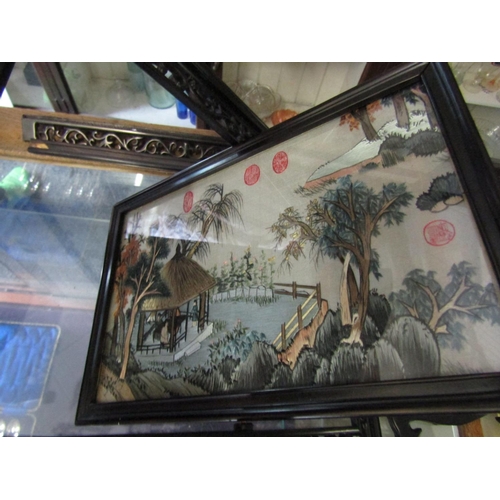 1201 - Chinese Inset Needlework Panel contained within Hardwood Frame on Stand All Parts Present