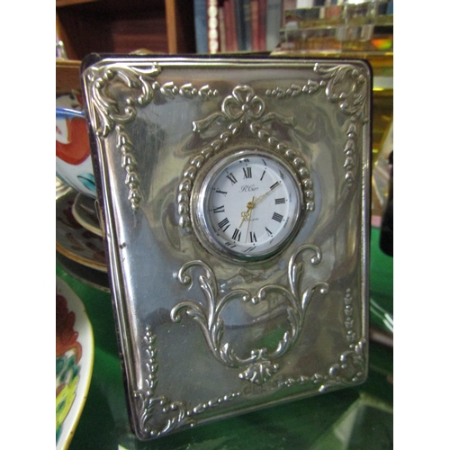 1205 - Solid Silver Mounted Table Clock by Carrs with Roman Numeral Decorated Dial and Embossed Decoration ... 