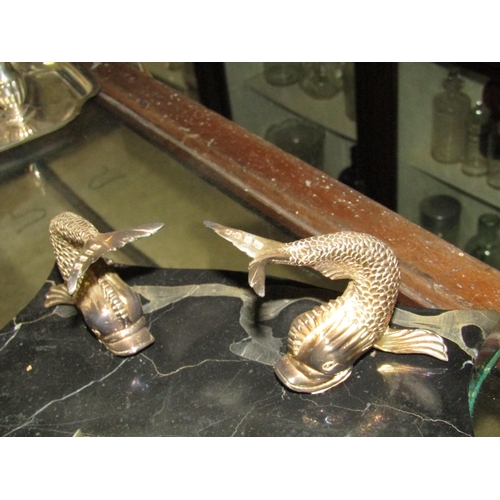 1219 - Solid Silver Mounted Dolphin Motif Desk Rest with Pens Attractive Form Approximately 10 Inches Wide