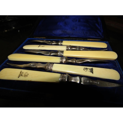 1223 - Set of Solid Silver Mounted Knives contained within Original Presentation Box Ancestral Crests to Iv... 