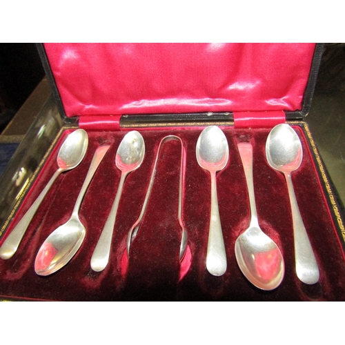 1226 - Set of Six Solid Silver Teaspoons Antique with Matching Sugar Tongs contained within Velvet Lined Pr... 