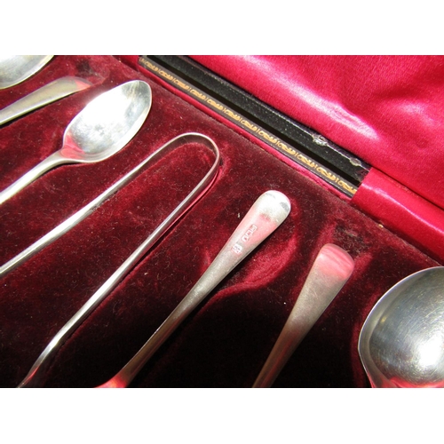 1226 - Set of Six Solid Silver Teaspoons Antique with Matching Sugar Tongs contained within Velvet Lined Pr... 