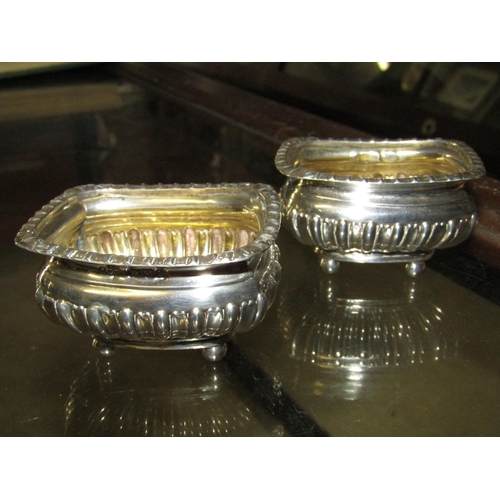 1228 - Pair of Rectangular Form Solid Silver Salts on Bun Feet by James Deakon & Son William Pitchford Deak... 