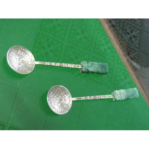 1245 - Pair of Antique Chinese Solid Silver Spoons with Carved Jade Finger Rests Each Approximately 5 Inche... 