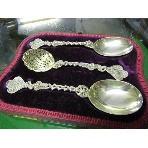 1246 - Set of Three Antique Solid Silver Gilt Decorated Spoons of Attractive Form Well Chased and Detailed ... 