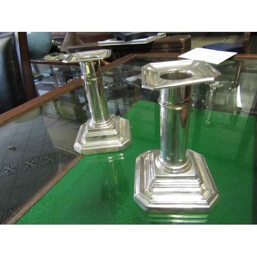 1248 - Pair of Column Candle Sticks Solid Silver on Canted Corner Pedestal Bases Each Approximately 5 Inche... 