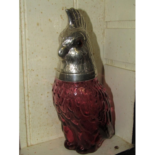 1258 - Solid Silver Mounted Decanter Bottle Parrot Motif with Hinged Cover above Cranberry Glass Body Appro... 