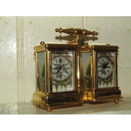 1263 - Double Carriage Clock Ormolu Bound with Carry Handle above Sevres Decorated Roman Numeral Dials Hand... 