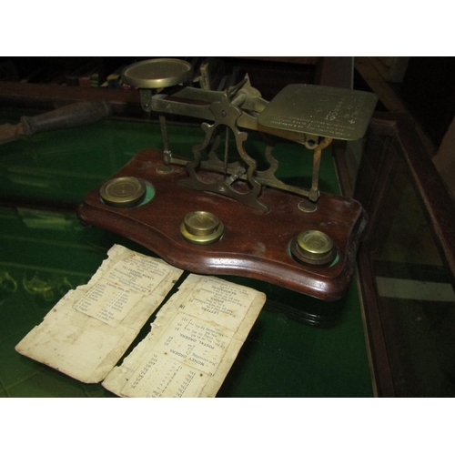 1270 - Antique Postal Scales with Weights Mounted on Original Shaped Mahogany Support Approximately 10 Inch... 