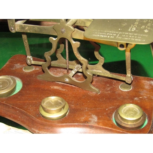 1270 - Antique Postal Scales with Weights Mounted on Original Shaped Mahogany Support Approximately 10 Inch... 