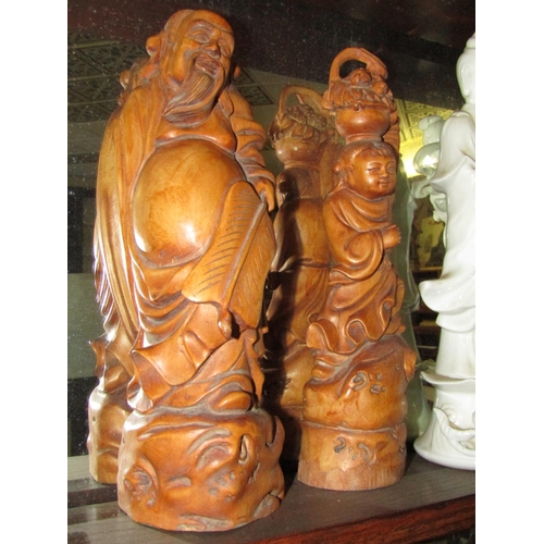 1290 - Pair of Chinese Carved Wooden Figures Depicting Wiseman and Fruit Carrier Tallest Approximately 11 I... 