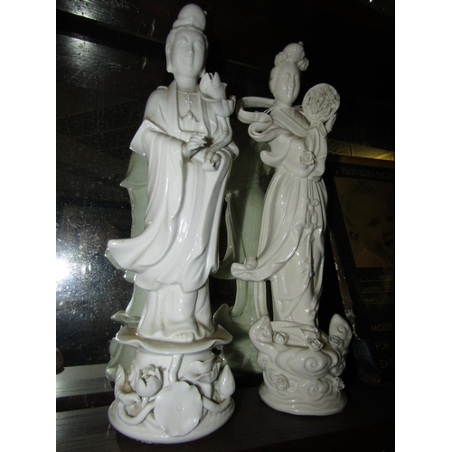 1292 - Pair of Chinese Blanc De Chine Sculptures of Court Ladies Each Approximately 14 Inches High