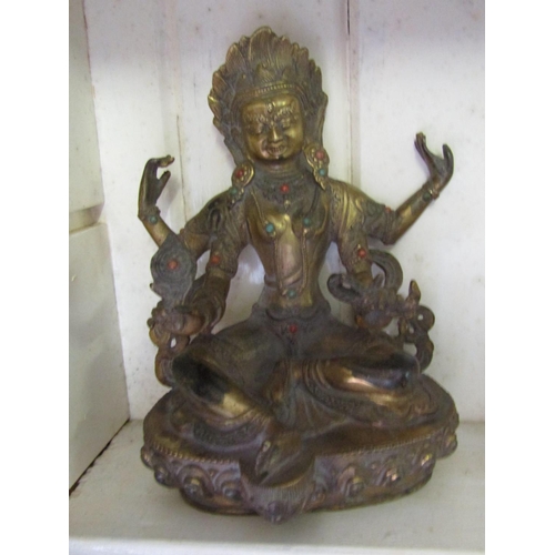 1308 - Bronze Deity with Gemset Decoration Lotus Position Approximately 8 Inches High