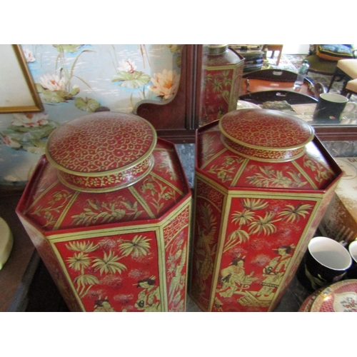 131 - Toileware Canted Corner Gilt Decorated Red Ground Tea Canisters with Original Covers Each Approximat... 