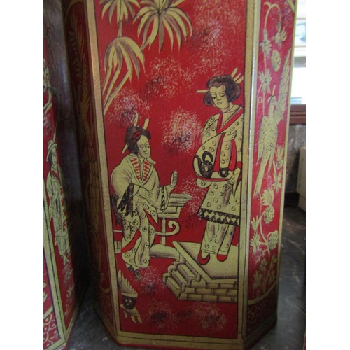 131 - Toileware Canted Corner Gilt Decorated Red Ground Tea Canisters with Original Covers Each Approximat... 