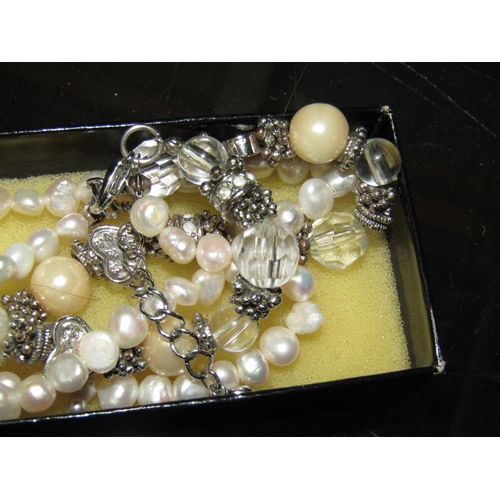 1315 - Ladies Pearl and Quartz Decorated Solid Silver Mounted Necklace of Baroque Form