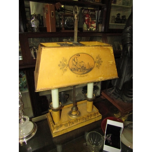 1322 - Antique Toileware Twin Light Table Light with Decorated Shade Approximately 10 Inches Wide x 14 Inch... 