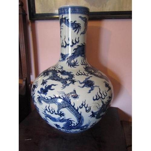 1329 - Chinese Blue and White Vase of Long Slender Neck Form with Dragon Motif Decoration Approximately 12 ... 