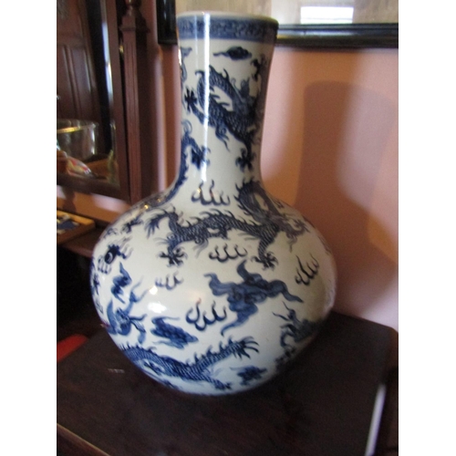 1329 - Chinese Blue and White Vase of Long Slender Neck Form with Dragon Motif Decoration Approximately 12 ... 