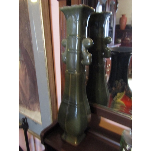 1336 - Tall Oriental Vase of Shaped Form Dark Green Ground Approximately 18 Inches High