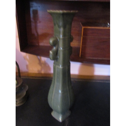 1336 - Tall Oriental Vase of Shaped Form Dark Green Ground Approximately 18 Inches High