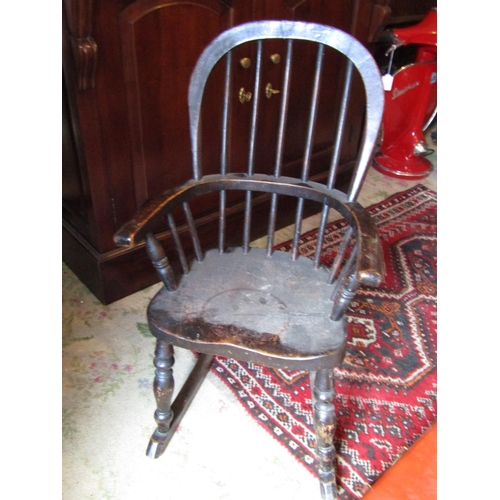 1339 - Early Antique Elm Hoop Back Childs Windsor Rocking Chair of Good Construction