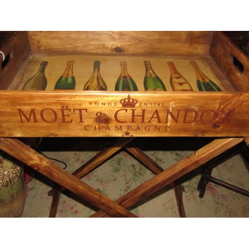 1342 - Champagne Motif Serving Tray on Folding Stand Tray Approximately 28 Inches Wide